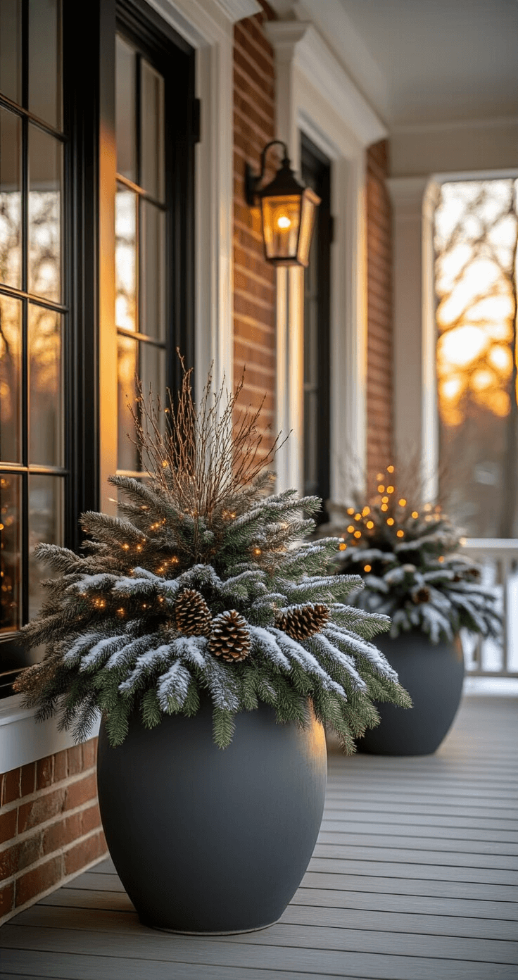 Wide-angle view of a grand front porch during a winter sunset, showcasing a large charcoal gray planter filled with snow-dusted evergreens, white birch poles, and red winterberry, illuminated by warm light from tall windows. The scene features classic colonial architecture, weathered oak flooring, and twinkling fairy lights.