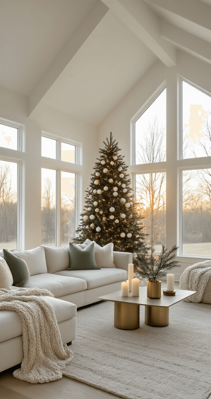 How Minimalist Christmas Decor Can Transform Your Holiday Home Into a Peaceful Paradise Interior of a modern living room during golden hour, featuring a cream sectional sofa, a slim Christmas tree adorned with white lights and matte ornaments, and natural decor elements, all bathed in soft natural light.