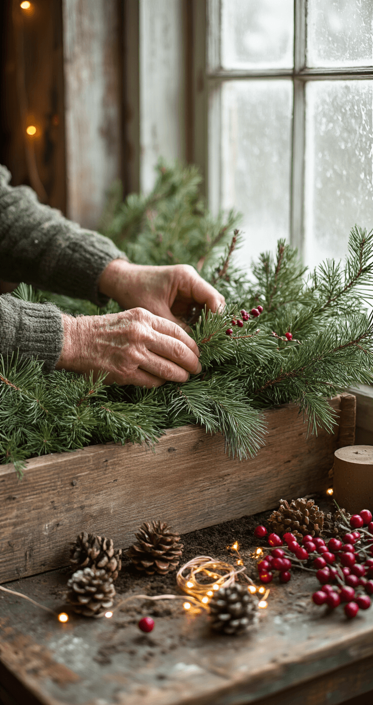 Close-up of weathered hands arranging evergreen clippings in a rustic wooden planter box, with cedar, pine, and juniper branches around birch poles, on a distressed farmhouse table adorned with pine cones, berry sprays, string lights, and garden tools, illuminated by soft morning light and frost-covered windows.