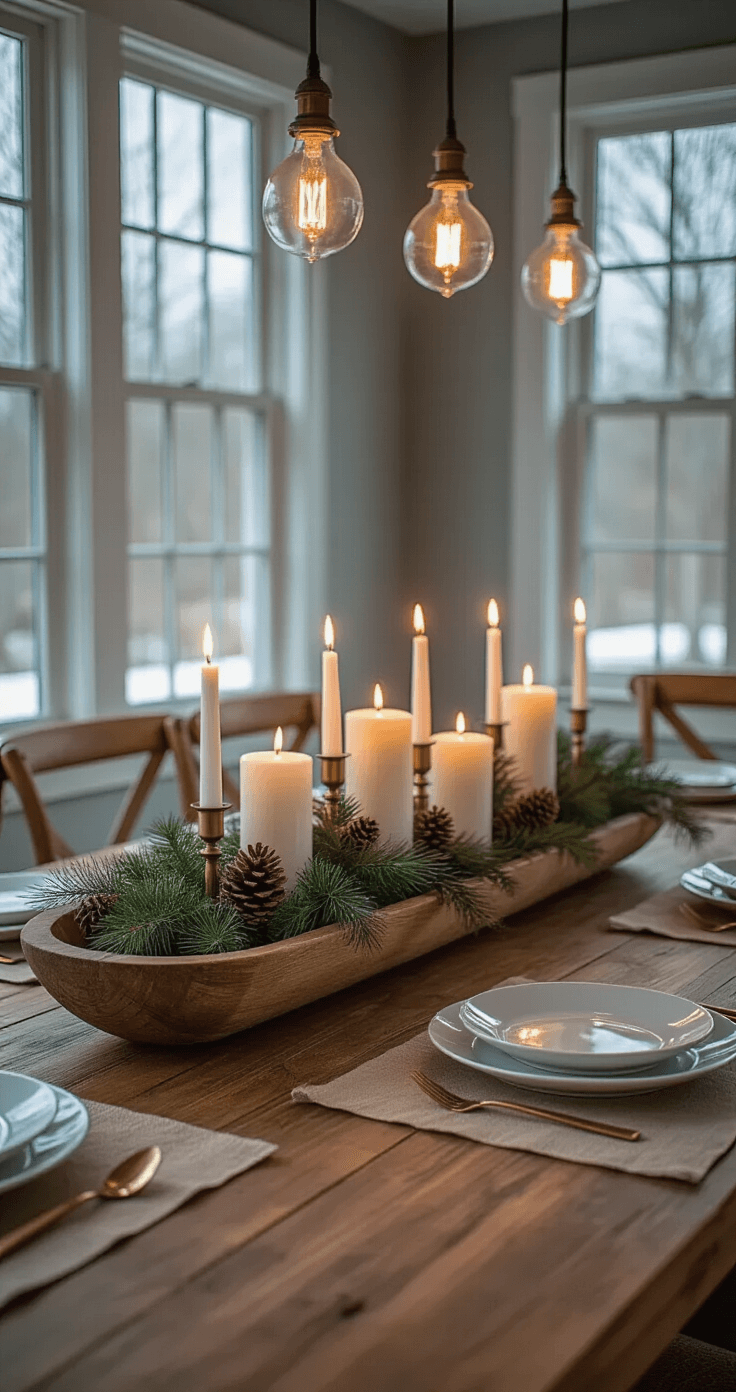 How Minimalist Christmas Decor Can Transform Your Holiday Home Into a Peaceful Paradise A cozy dining room during evening blue hour, featuring a rustic farmhouse table adorned with a wooden dough bowl of eucalyptus and cedar, surrounded by warm candlelight, simple white plates on linen placemats, and illuminated by Edison bulbs, with winter twilight visible through large windows.