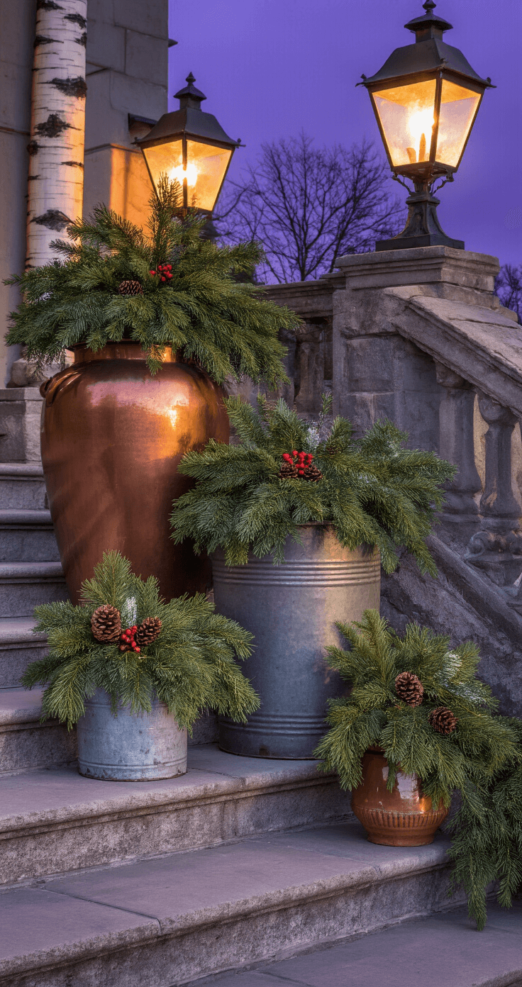 Dramatic low-angle shot of mismatched vintage planters with winter greenery on stone steps of a stately home, accented by warm lantern light and deep shadows against a dusky purple sky.