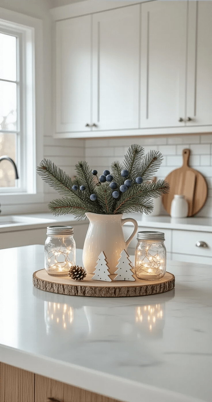 How Minimalist Christmas Decor Can Transform Your Holiday Home Into a Peaceful Paradise A bright kitchen island styled for Christmas with a white marble countertop featuring mason jars filled with fairy lights, white-painted wood slice ornaments, and fresh juniper branches in a ceramic pitcher, against a backdrop of white shaker cabinets and subway tile backsplash.