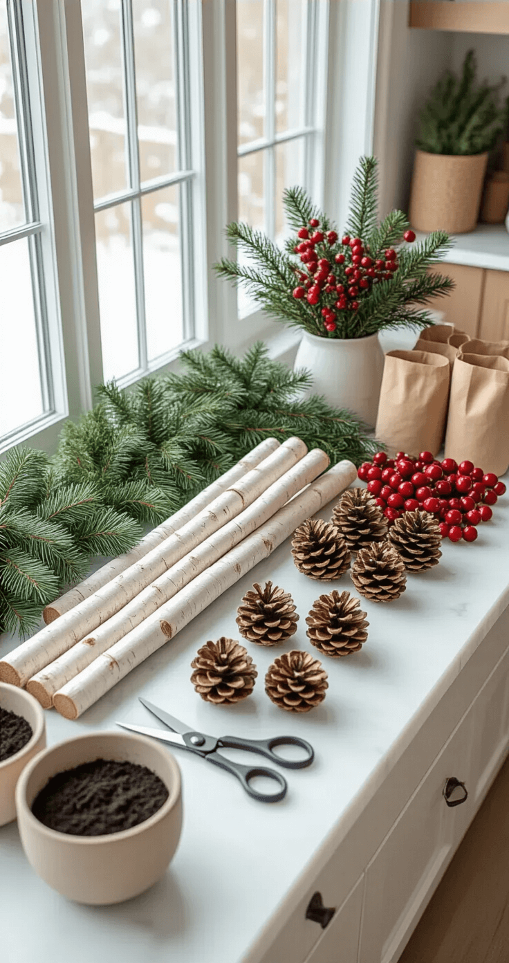 Bright flat lay of winter planter preparation materials including fresh evergreen clippings, white birch poles, assorted pine cones, red berry sprays, warm white LED lights, garden shears, dark potting soil, and varied empty planters on a white marble kitchen island under natural daylight.