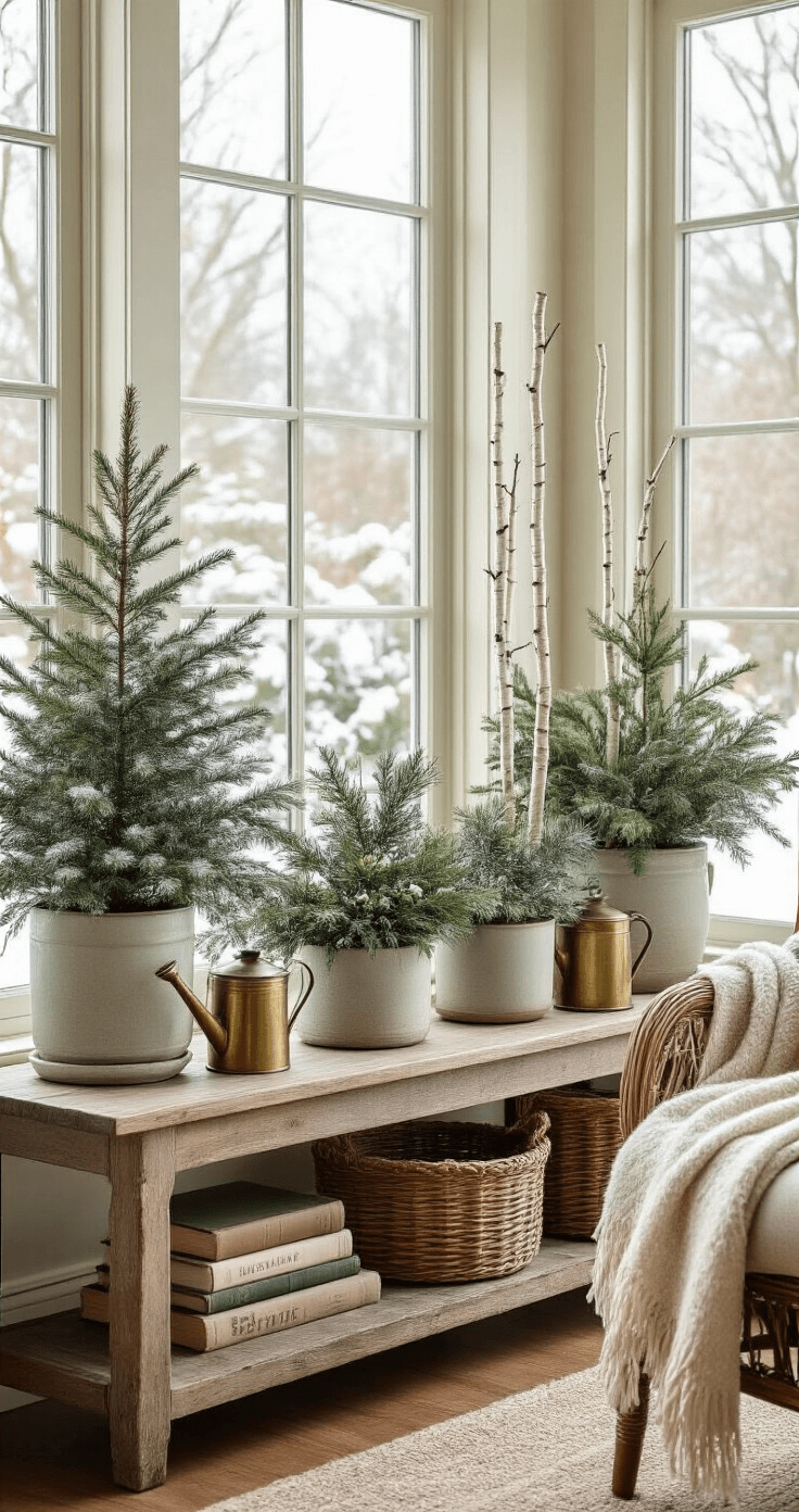 Intimate sunroom vignette showcasing winter planters on a reclaimed wood console table, with snow-covered garden views through floor-to-ceiling windows, warm lighting, vintage gardening decor, and a cozy reading chair.