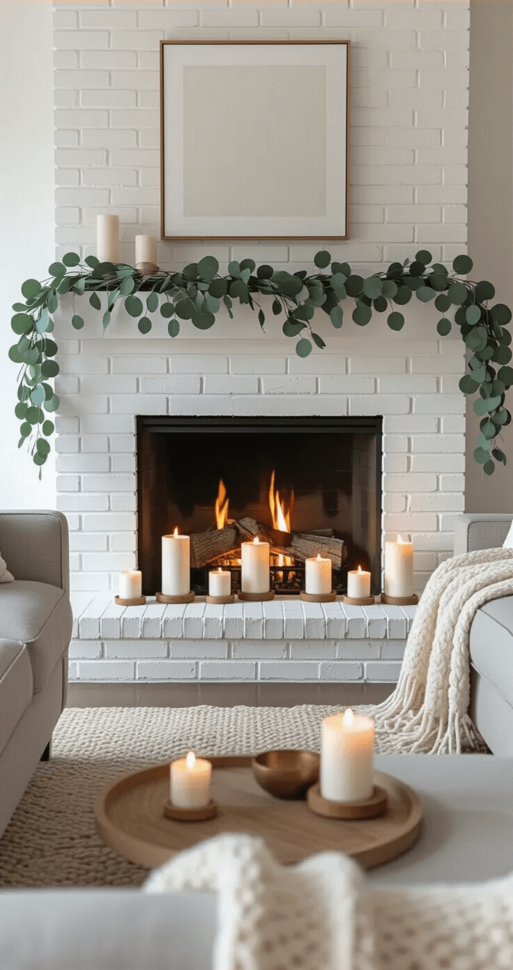 How Minimalist Christmas Decor Can Transform Your Holiday Home Into a Peaceful Paradise Modern living room fireplace mantel scene featuring white painted brick, a eucalyptus garland, varying heights of white candles in wooden holders, brass accents, and minimalist art above. The cozy setting includes a gray linen sofa, cream wool throw, and warm firelight, all captured from a seated eye level perspective.