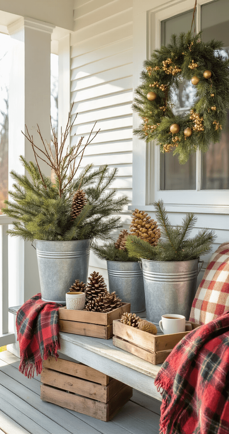 Cheerful front porch decorated with DIY winter planters in galvanized buckets and wooden crates, featuring foraged branches, metallic gold pine cones, and burlap ribbon, alongside cozy blankets and mugs of hot cocoa, in a rustic cottage setting.