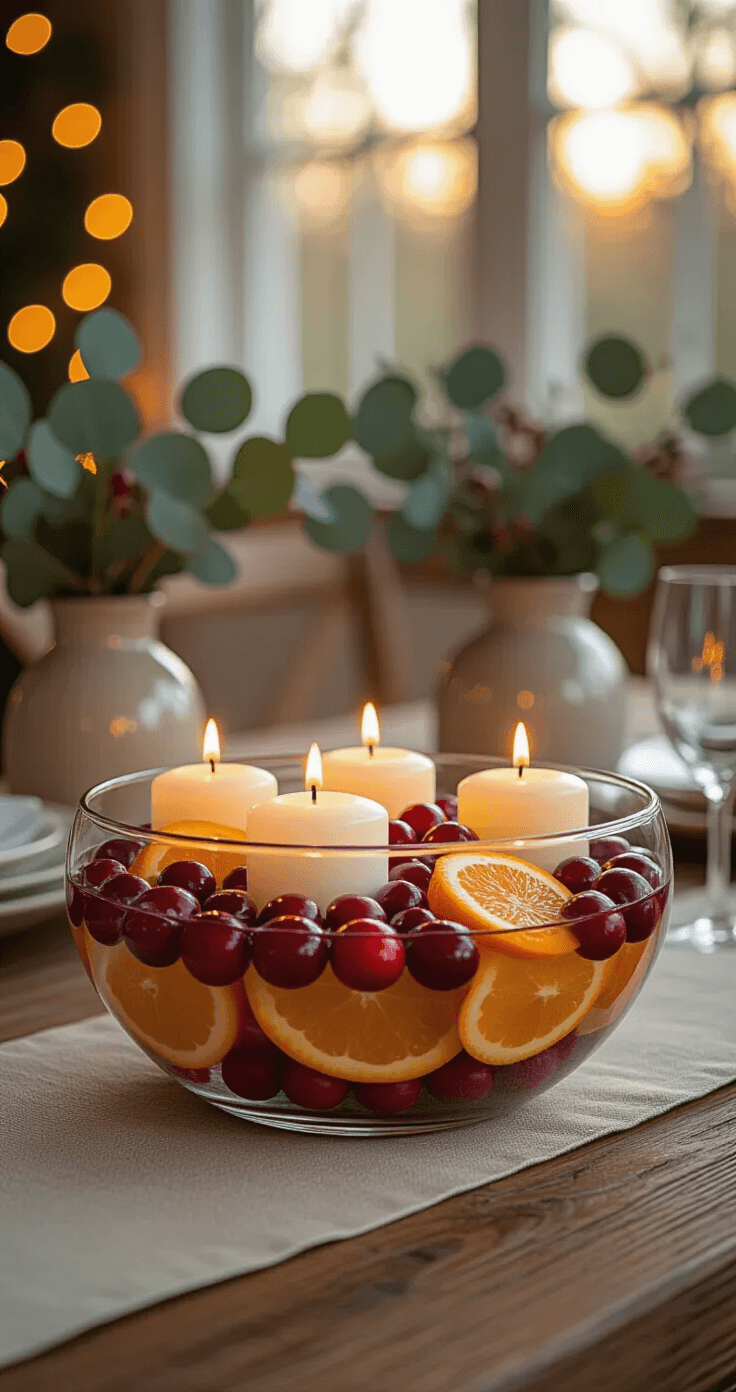 How Minimalist Christmas Decor Can Transform Your Holiday Home Into a Peaceful Paradise Close-up of a table centerpiece at golden hour featuring a glass bowl with floating cranberries, orange slices, and white candles, set on a reclaimed wood table with a natural linen runner; soft-focus background includes eucalyptus sprigs in ceramic vases and warm white string lights, all in a warm color palette.