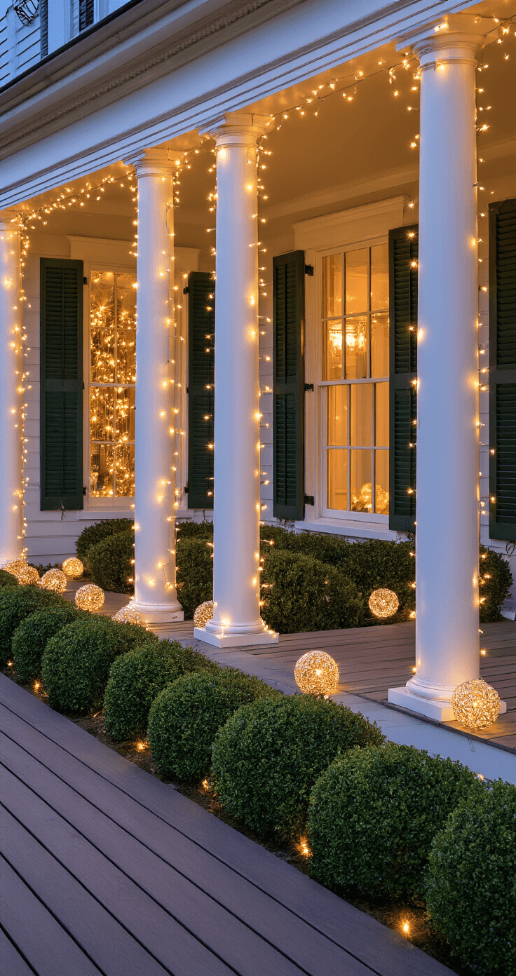 Transform Your Yard Into a Winter Wonderland: Stunning Outdoor Christmas Decor Ideas That'll Make Your Neighbors Jealous A luxurious wraparound porch adorned with white colonial columns wrapped in warm LED string lights, with soft amber light filtering through large windows, and clusters of battery-operated light balls in boxwood hedges, evoking a warm, holiday atmosphere at golden hour.