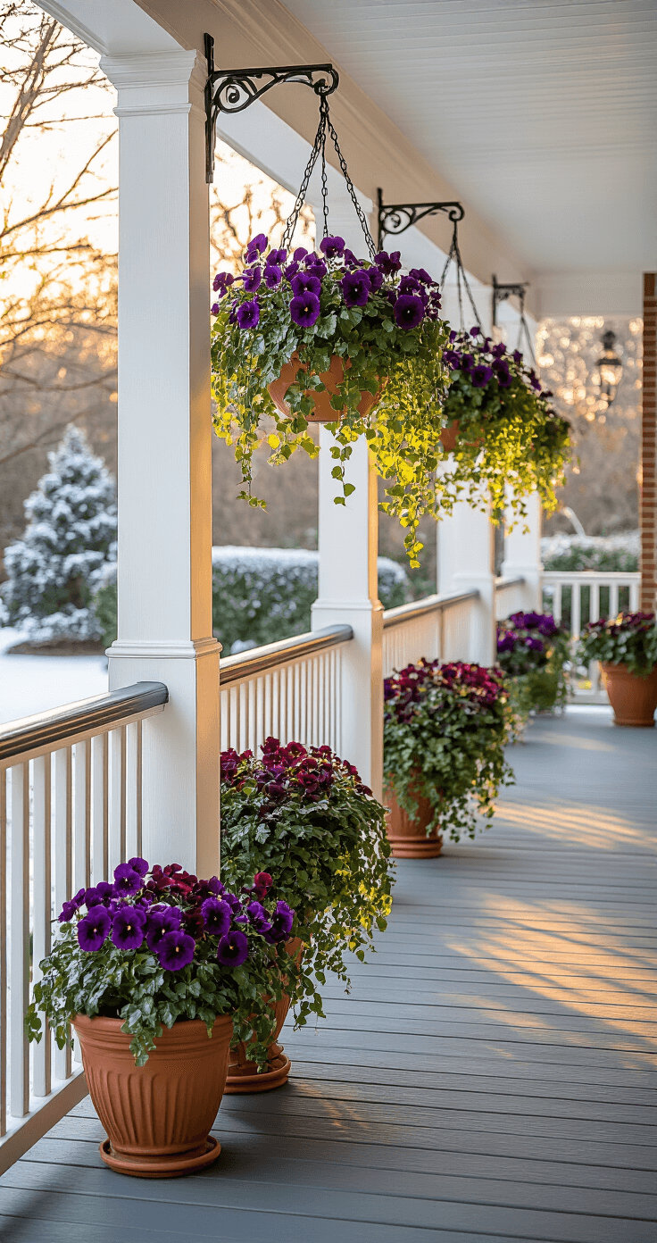 Winter Hanging Baskets: A Colorful Guide to Vibrant Cold-Season Displays A photorealistic winter porch scene showcasing vibrant hanging baskets filled with purple pansies, emerald ivy, and burgundy cyclamen, set against a covered porch with white columns and gray decking, warmly lit by golden hour light filtering through tree branches, with snow-dusted evergreens and a brick pathway in the background.
