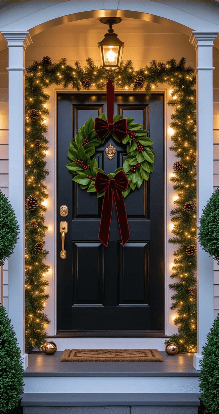 Transform Your Yard Into a Winter Wonderland: Stunning Outdoor Christmas Decor Ideas That'll Make Your Neighbors Jealous Intimate macro-focused image of an elegant holiday vignette at twilight, featuring a weatherproof magnolia leaf wreath with burgundy velvet ribbon on a glossy black front door. Lush artificial garland adorned with warm white lights and copper-toned jingle bells wraps around white porch railings, complemented by pinecones and holly. Aged copper planters with topiaries add symmetry, illuminated by nearby lanterns, creating a luxurious holiday entrance.