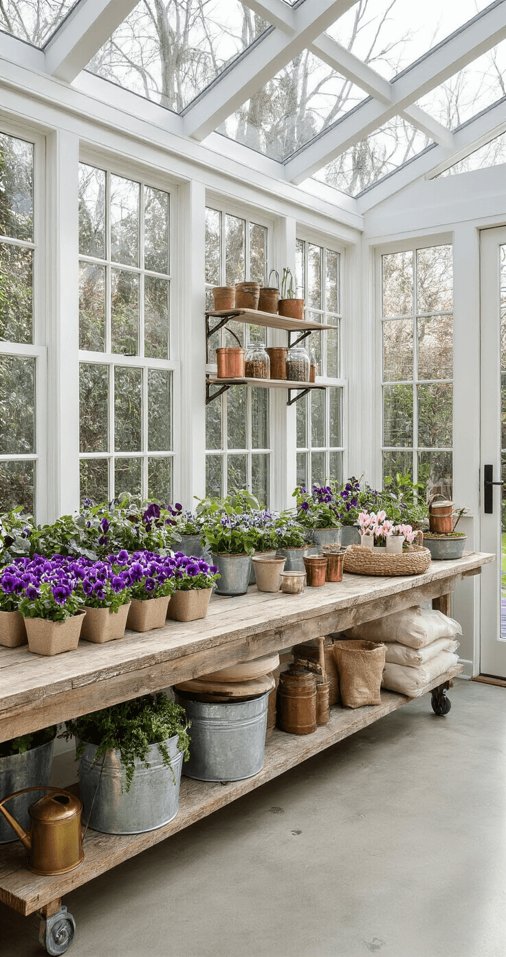 Winter Hanging Baskets: A Colorful Guide to Vibrant Cold-Season Displays Interior sunroom workshop with winter basket preparation, featuring glass walls, polished concrete floors, a rustic potting bench with plants, galvanized metal baskets, and gardening tools in soft morning light.
