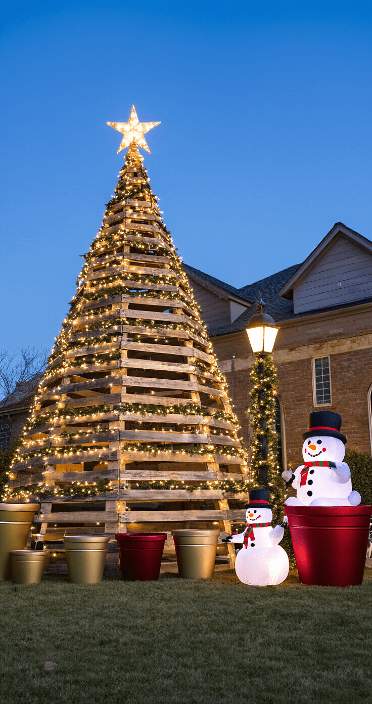 Transform Your Yard Into a Winter Wonderland: Stunning Outdoor Christmas Decor Ideas That'll Make Your Neighbors Jealous A dramatic low-angle view of a large Christmas display featuring a 12-foot barn wood tree with warm white lights and a metal star, surrounded by champagne gold and deep crimson oversized ornaments, an inflatable snowman family, and a garland-wrapped lamppost, all set against a twilight sky with a Tudor-style home in the background.