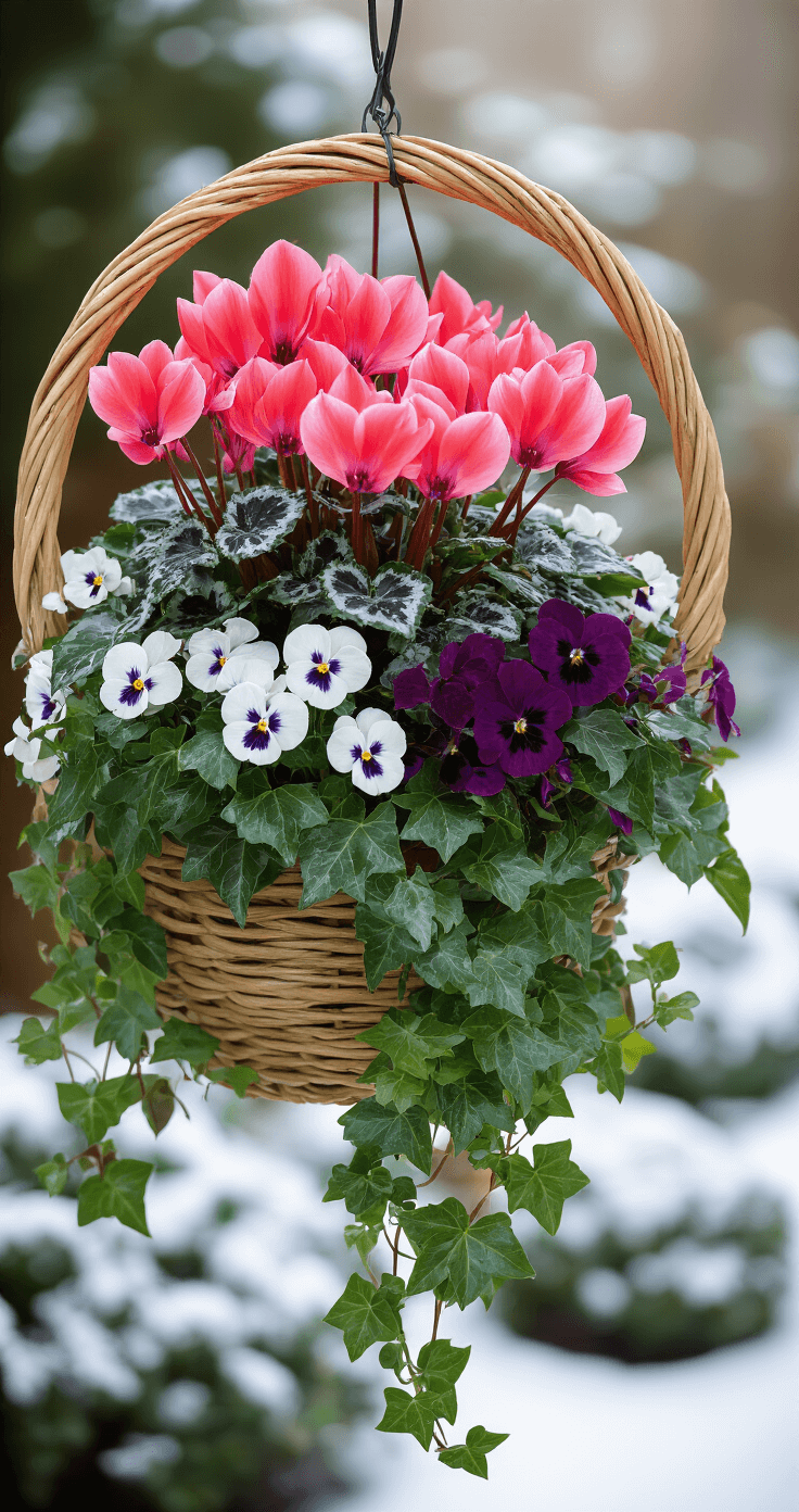 Winter Hanging Baskets: A Colorful Guide to Vibrant Cold-Season Displays Dramatic close-up of a winter hanging basket featuring a coral-pink cyclamen as the central thriller, cascading English ivy and delicate violet blooms as spillers, and white pansies and burgundy heuchera as fillers, all against a soft-focus snowy garden backdrop.