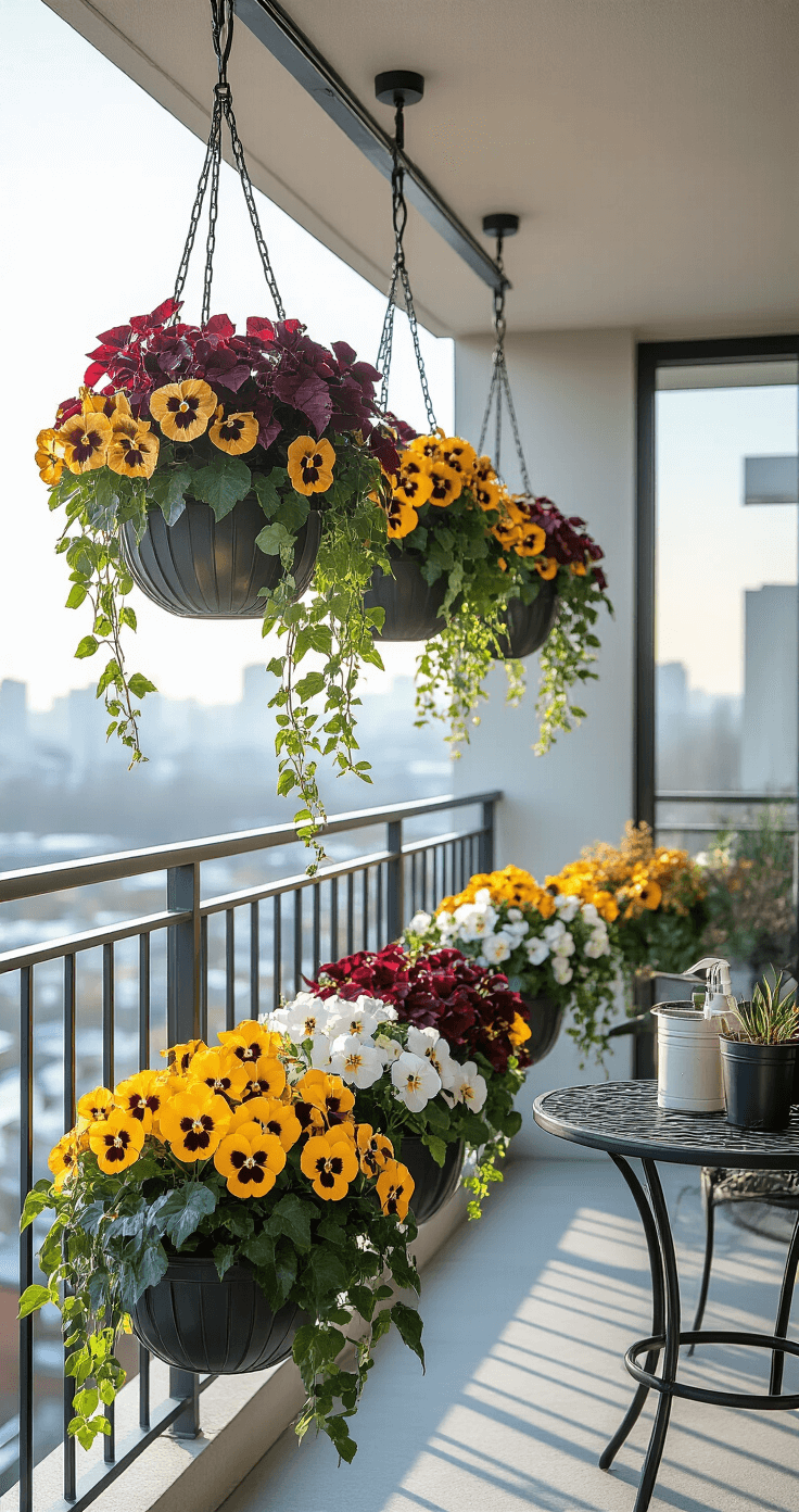 Winter Hanging Baskets: A Colorful Guide to Vibrant Cold-Season Displays Elegant winter balcony with coordinated hanging baskets in burgundy and gold, featuring heuchera, pansies, ivy, and cyclamen, overlooking a soft-focus urban cityscape.