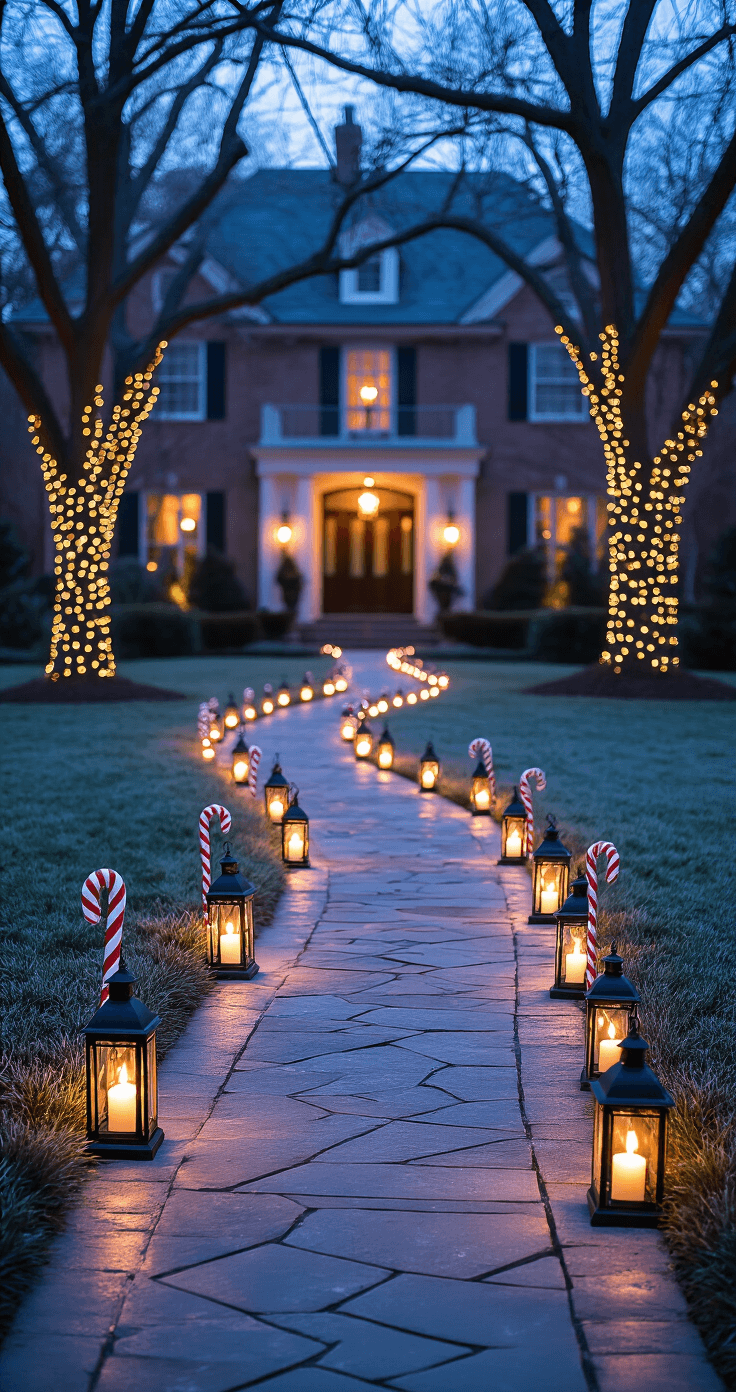 Transform Your Yard Into a Winter Wonderland: Stunning Outdoor Christmas Decor Ideas That'll Make Your Neighbors Jealous Cinematic view of a beautifully lit holiday walkway featuring a curved flagstone path lined with candy cane stakes and flameless lanterns, surrounded by glowing oak trees and a warmly lit colonial home, capturing the magic of the blue hour.