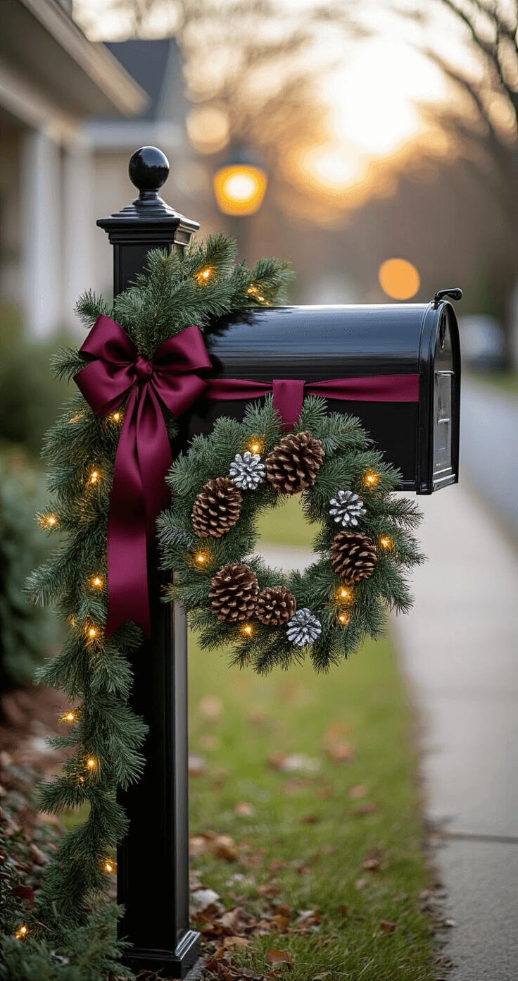 Transform Your Yard Into a Winter Wonderland: Stunning Outdoor Christmas Decor Ideas That'll Make Your Neighbors Jealous Close-up of a decorated black mailbox wrapped in garland and ribbon, featuring a wreath of pine and eucalyptus, set against a suburban street in soft morning light, displaying holiday elegance and community spirit.