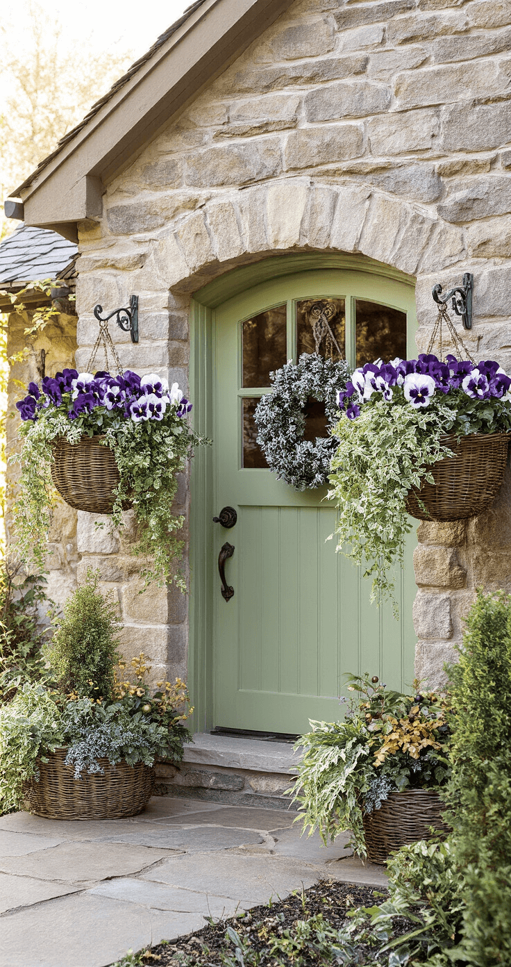 Winter Hanging Baskets: A Colorful Guide to Vibrant Cold-Season Displays Cozy cottage garden entrance with weathered stone walls, a sage green doorway, and sheltered alcove, featuring winter hanging baskets of purple and white pansies, dusty miller, and cascading ivy, complemented by ornamental kale and winter berries at ground level, all illuminated by warm late afternoon light.