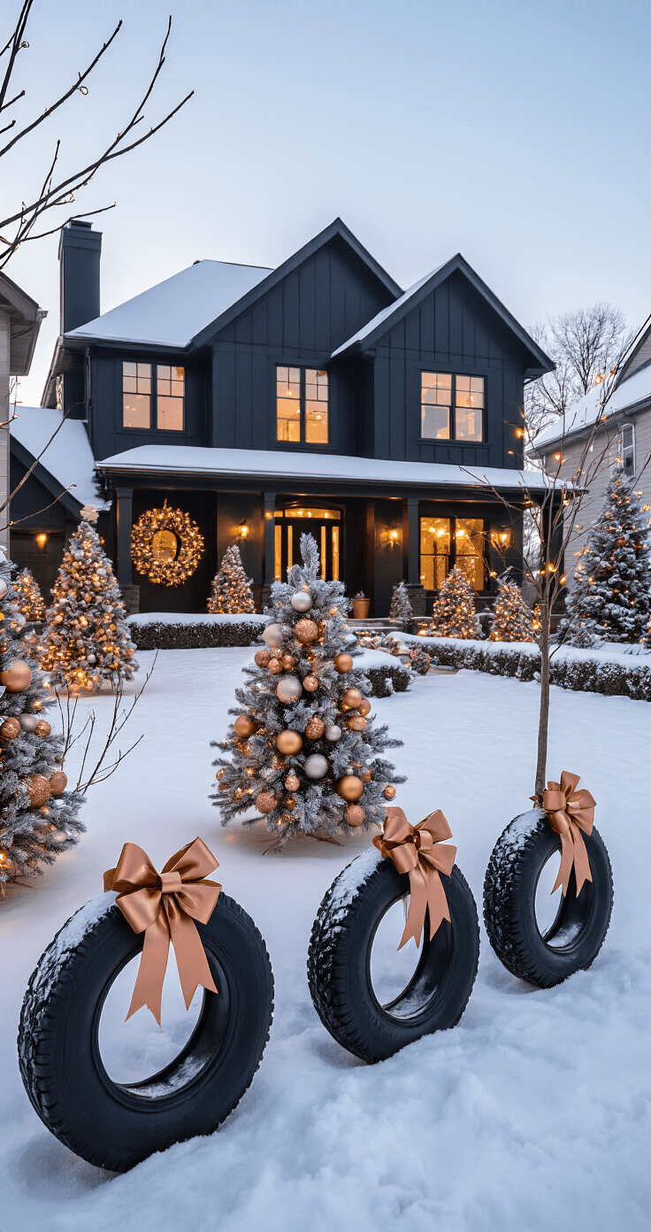 Transform Your Yard Into a Winter Wonderland: Stunning Outdoor Christmas Decor Ideas That'll Make Your Neighbors Jealous A modern farmhouse holiday display in a winter wonderland setting, featuring matte black and copper decorations, DIY tire wreaths, metallic ornaments on bare trees, and warm lighting against fresh snow, showcasing 2025 holiday trends.