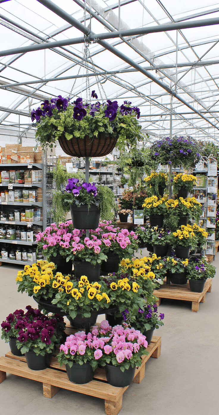 Winter Hanging Baskets: A Colorful Guide to Vibrant Cold-Season Displays Professional garden center display featuring winter hanging baskets in various color schemes, organized retail space with tiered displays, educational signage, and maintenance supplies in a spacious greenhouse.