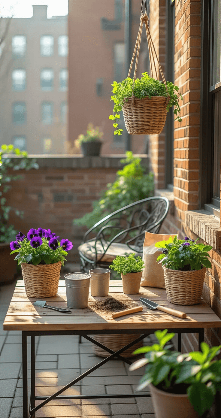 Winter Hanging Baskets: A Colorful Guide to Vibrant Cold-Season Displays Intimate winter morning scene of a small urban patio showcasing a budget-friendly DIY hanging basket creation process with recycled materials, affordable plants, and simple tools under soft early morning light.