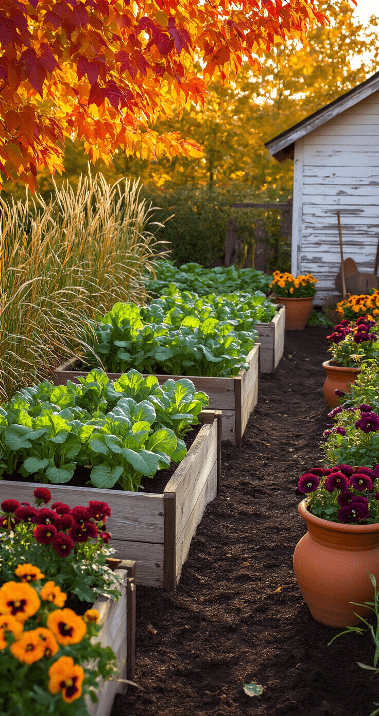 Fall Garden Magic: Transform Your Outdoor Space with Seasonal Splendor A photorealistic autumn garden scene from a low angle, featuring raised beds of vibrant kale, spinach, and purple cauliflower, surrounded by ornamental grasses. Golden hour light filters through maple leaves, illuminating terracotta planters with burgundy chrysanthemums and orange pansies. A rustic wooden shed with peeling paint is visible in the background, adding to the intimate perspective of the textural contrast in the garden.