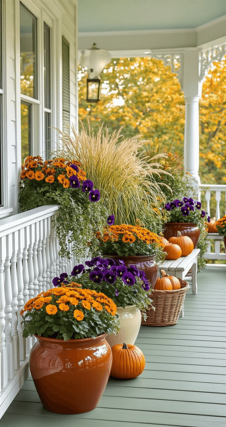 Fall Garden Magic: Transform Your Outdoor Space with Seasonal Splendor Stunning fall container garden on a wraparound porch featuring ceramic planters with ornamental grasses, purple pansies, and golden sedum, accented by wicker baskets of pumpkins and a vintage bench, all bathed in soft morning light.