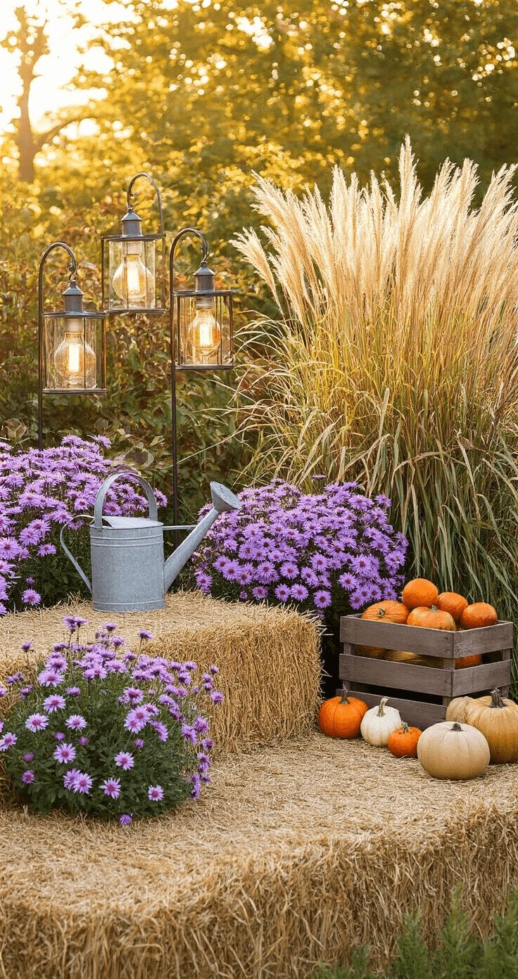 Fall Garden Magic: Transform Your Outdoor Space with Seasonal Splendor A rustic autumn garden vignette featuring a hay bale seating area surrounded by tall ornamental grasses and late-blooming asters, captured in warm afternoon sunlight with solar lanterns, a vintage watering can, and mini pumpkins adding farmhouse charm.