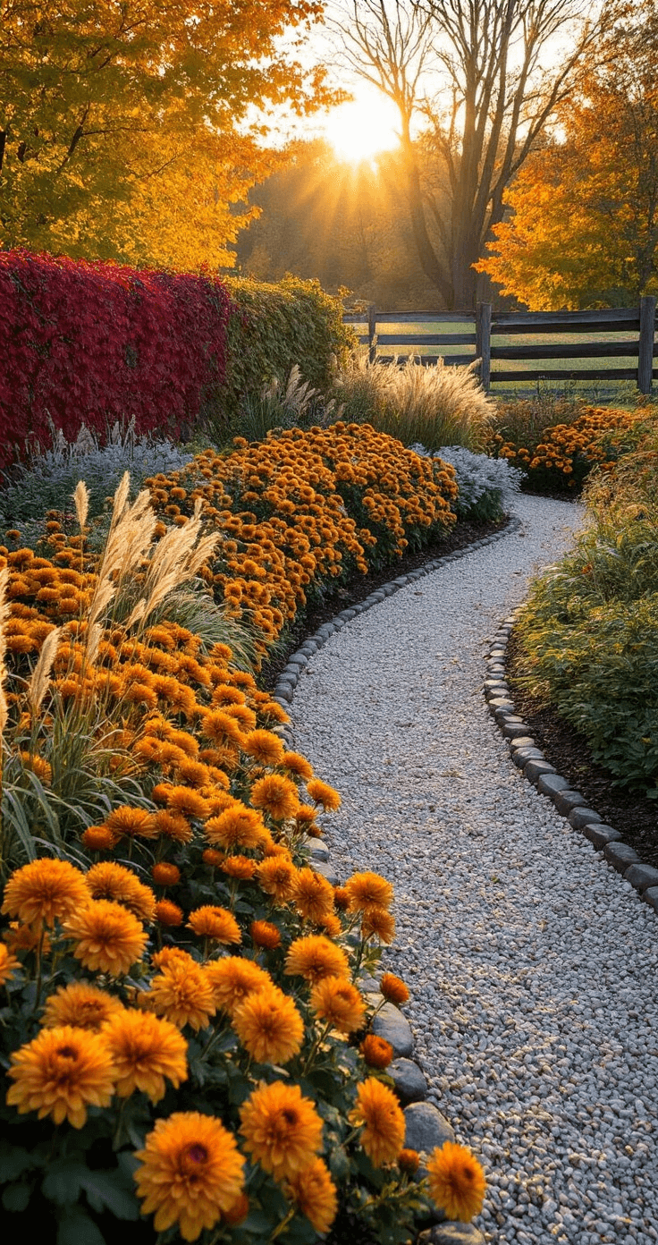 Fall Garden Magic: Transform Your Outdoor Space with Seasonal Splendor A professional garden photography setup at golden hour, featuring a fall perennial border with russet chrysanthemums, amber sedum, and silvery artemisia. Late afternoon sunlight creates backlighting through ornamental grasses, with a gravel pathway bordered by aged limestone and a weathered split-rail fence adorned with scarlet virginia creeper, showcasing multiple layers of depth and texture.