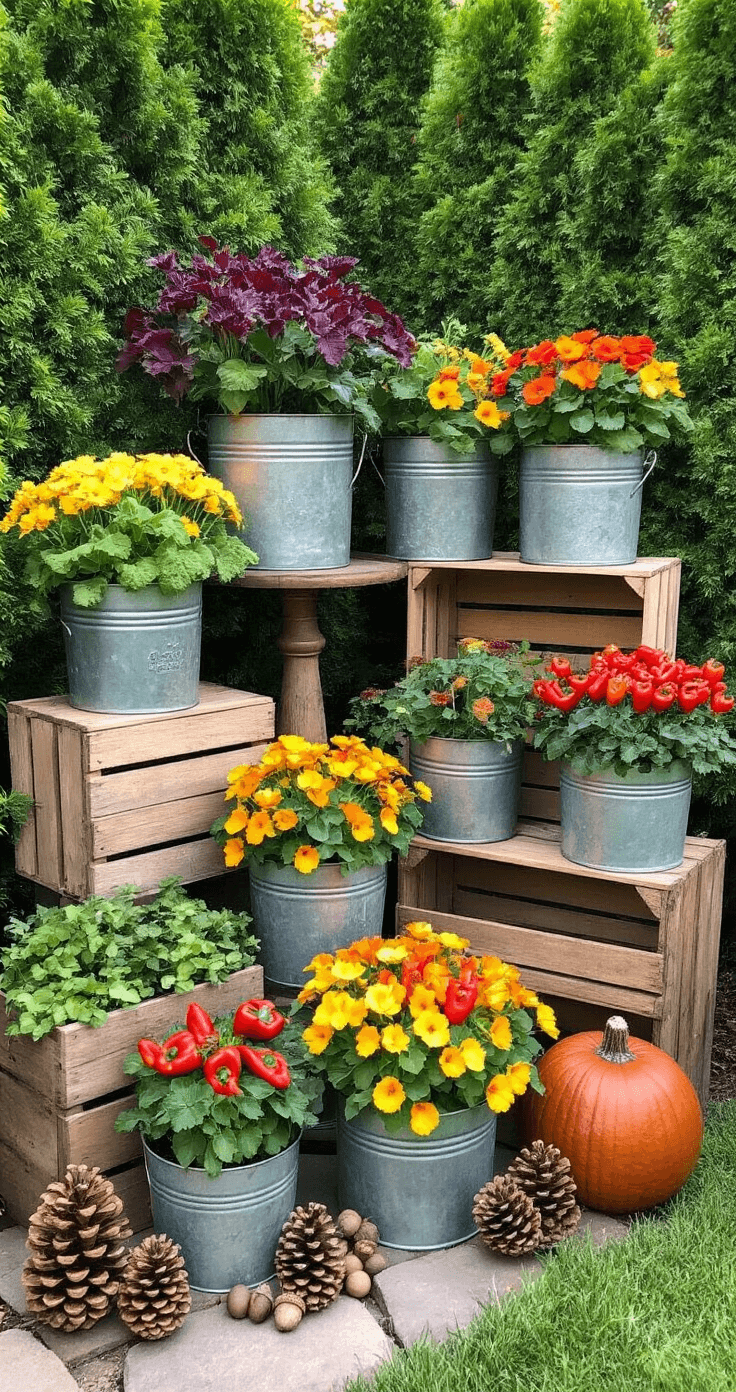 Fall Garden Magic: Transform Your Outdoor Space with Seasonal Splendor Charming fall garden corner showcasing upcycled containers filled with colorful kale, ornamental peppers, and trailing nasturtiums, accented by pine cones and branches, all set against a backdrop of evergreen shrubs.