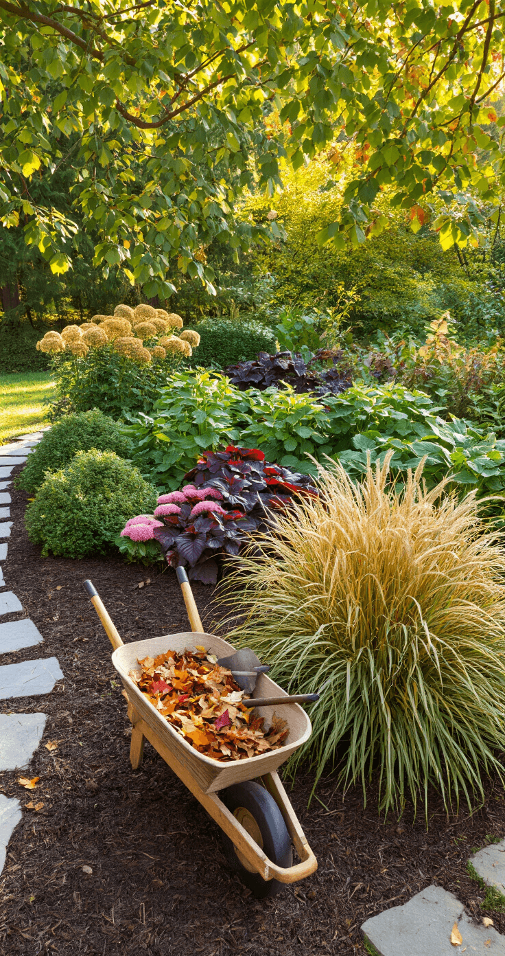 Fall Garden Magic: Transform Your Outdoor Space with Seasonal Splendor Impeccably maintained fall garden bed featuring perennial heuchera, ornamental grasses, and pink sedum, with a wooden wheelbarrow and gardening tools, dappled sunlight filtering through trees.