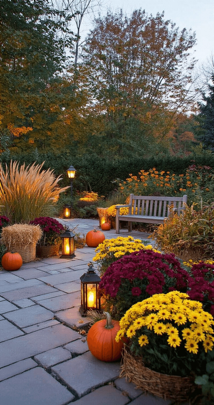 Fall Garden Magic: Transform Your Outdoor Space with Seasonal Splendor Intimate autumn evening garden scene featuring solar lighting, carved pumpkins, rustic lanterns, and vibrant fall flowers, with flagstone paving and cozy wooden bench, capturing the twilight ambiance and transition from day to night.