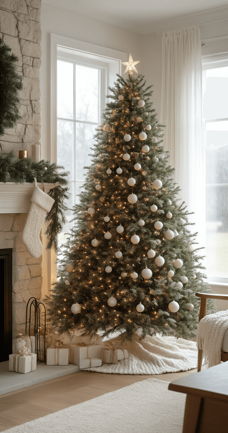 White Christmas Decor: Creating Your Dream Winter Wonderland at Home A cozy mid-century modern living room featuring a 7-foot flocked Christmas tree adorned with warm white lights and white ornaments, complemented by a stone fireplace with white stockings and decorative garland, warm wood furniture, and layered white holiday decor.