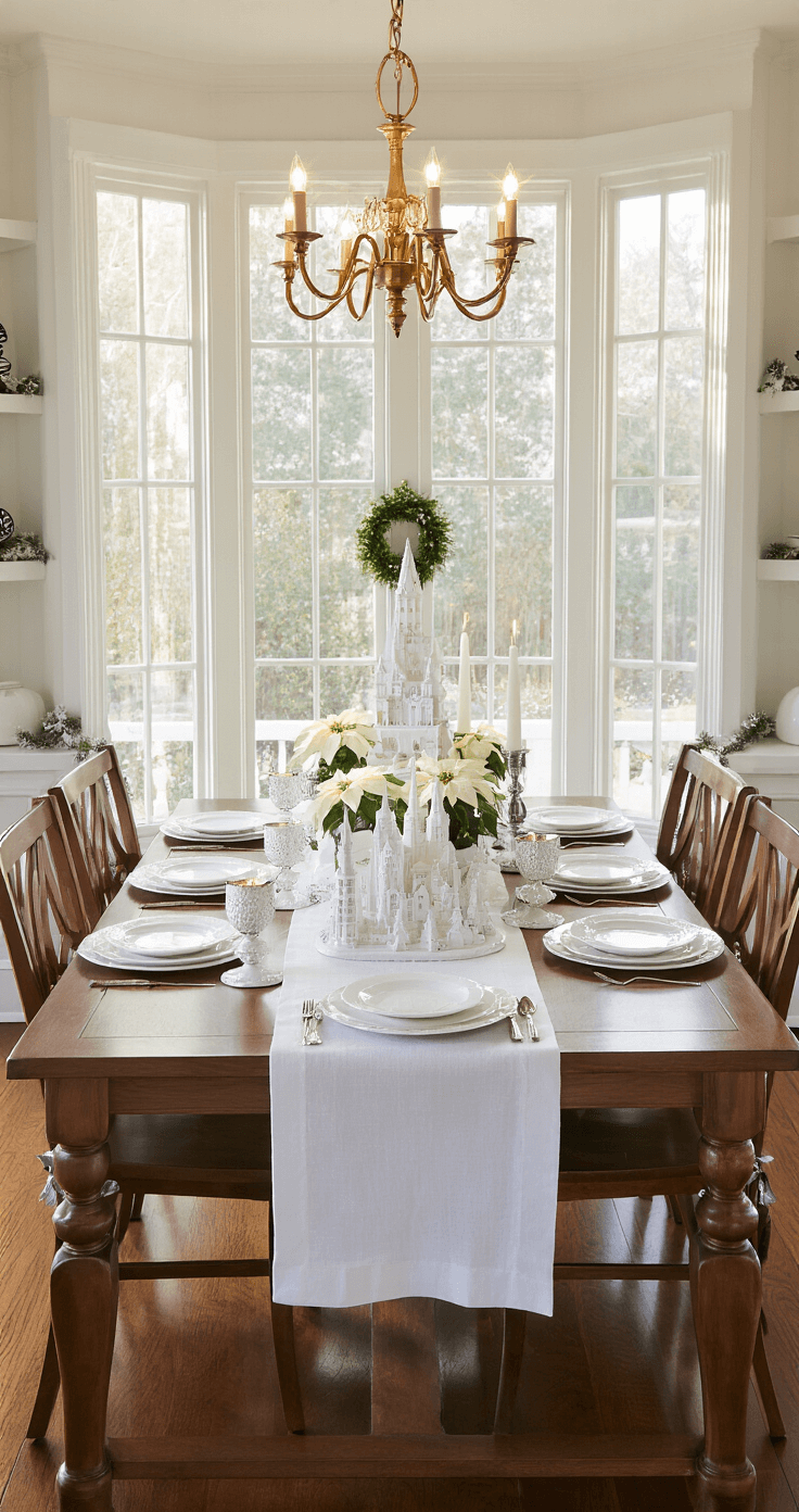 White Christmas Decor: Creating Your Dream Winter Wonderland at Home Elegant dining room during golden hour featuring a formal white Christmas tablescape on a live-edge walnut table, adorned with a white ceramic village centerpiece, pillar candles, and potted poinsettias, all illuminated by natural light and a brass chandelier, with a view of gleaming hardwood floors and decorated shelving in the background.