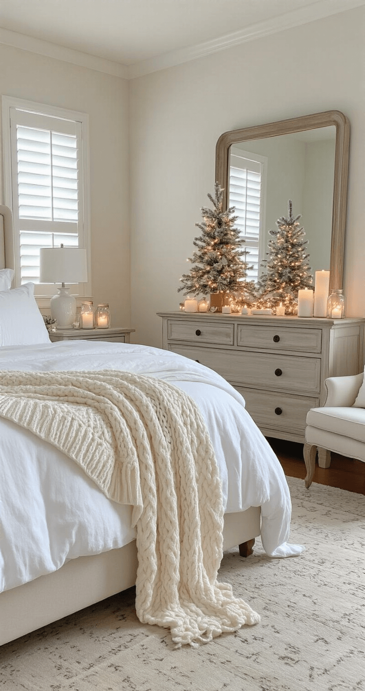 White Christmas Decor: Creating Your Dream Winter Wonderland at Home Cozy master bedroom decorated for Christmas, featuring a king-size bed with white bedding and a cream throw, candle-lit nightstands, a flocked tree with white ornaments, and a serene neutral color palette, bathed in soft morning light.