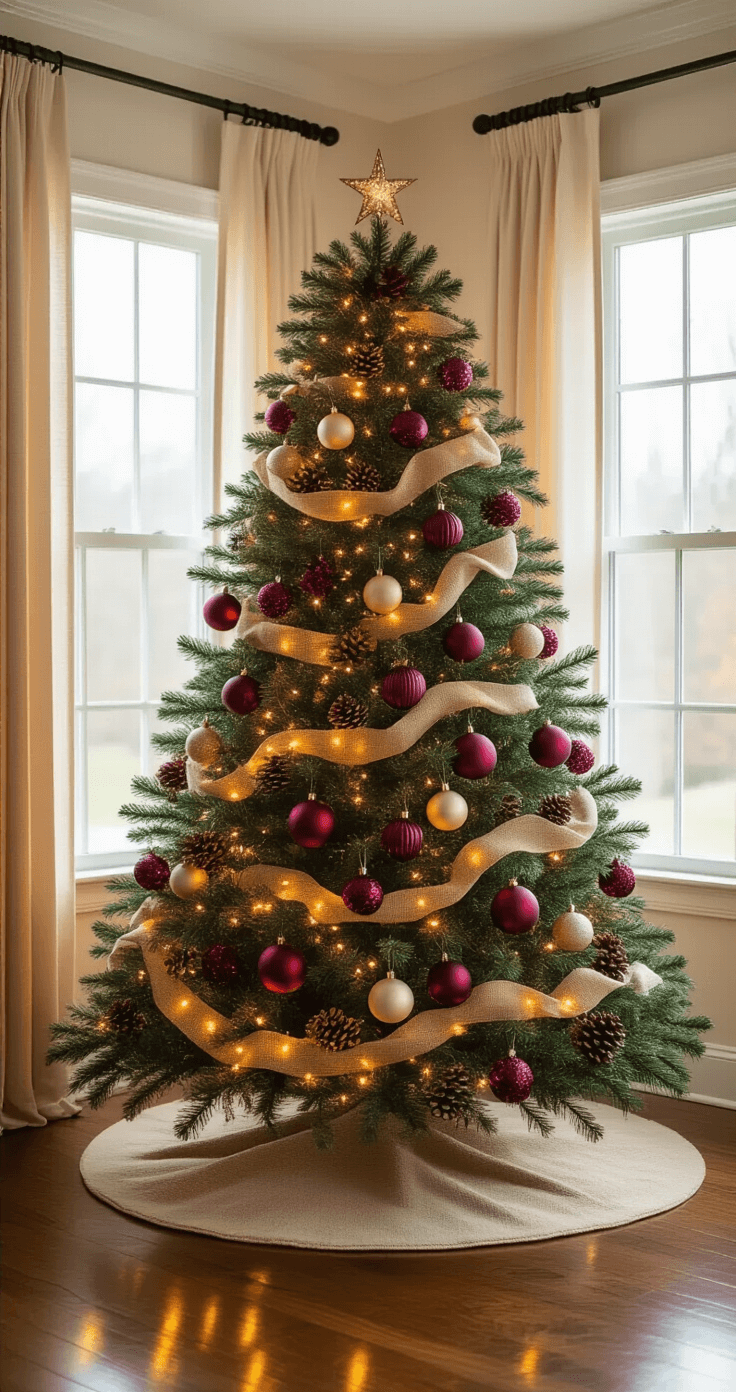 Transform Your Space with Vintage Christmas Tree Decor That'll Make Your Guests Go "Wow!" Cozy living room with a 7-foot vintage Christmas tree beside a large window, adorned with burgundy, gold, and cream ornaments, twinkling warm white LED lights, and natural burlap ribbon; golden hour sunlight creates a warm ambiance, illuminating hardwood floors and beige walls.