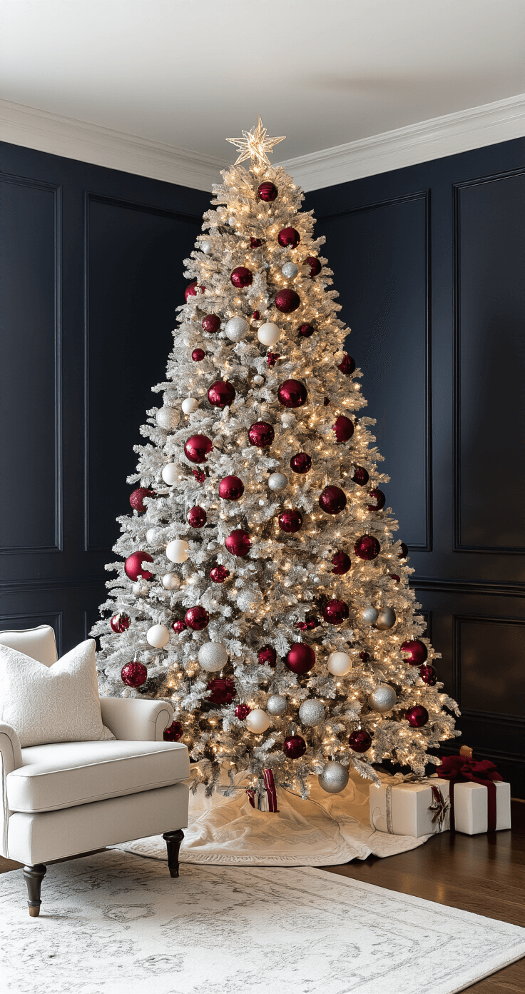 Transform Your Space with Vintage Christmas Tree Decor That'll Make Your Guests Go "Wow!" Elegant living room featuring a 9-foot vintage Christmas tree with silver and burgundy ornaments, illuminated by string lights, against a dark navy accent wall, complemented by a cream area rug and a reading chair, all bathed in warm evening lighting.