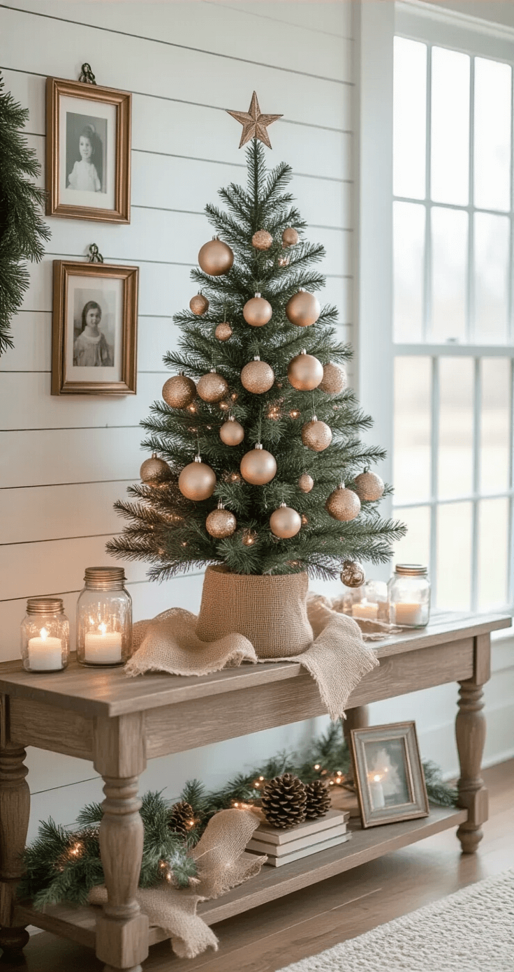 Transform Your Space with Vintage Christmas Tree Decor That'll Make Your Guests Go "Wow!" A cozy farmhouse Christmas vignette featuring a compact vintage 3-foot tree adorned with rose gold and cream ornaments, delicate glass balls, and burlap ribbon garland on a rustic wooden console table against white shiplap walls, illuminated by natural morning light and flanked by mason jars with fairy lights.