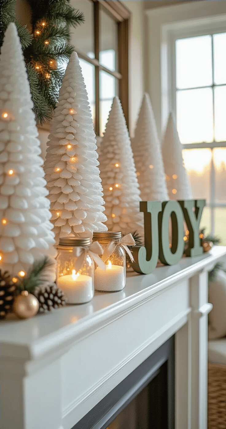 Elegant Christmas crafts on a white farmhouse mantel, featuring handmade flocked foam cone trees, mason jar luminaries, and distressed sage green 'JOY' letters, all bathed in warm golden hour light in a cozy living room setting.