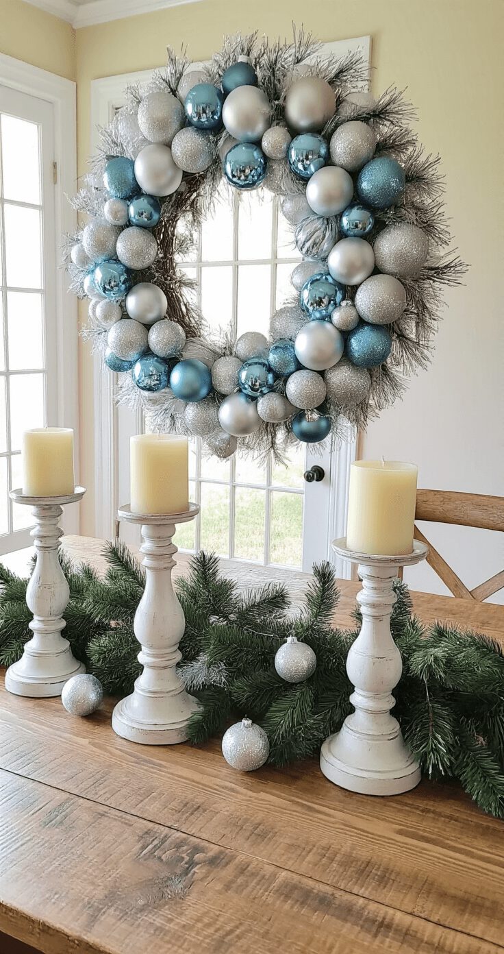 A rustic dining room table adorned with a centerpiece of a silver, white, and ice blue ornament wreath surrounded by painted white candlesticks wrapped in evergreen garland, with cream candles and small coordinating glass ornaments. Soft diffused sunlight streams through French doors, creating gentle shadows, while a natural linen table runner provides subtle texture, all set against a backdrop of a white china cabinet.