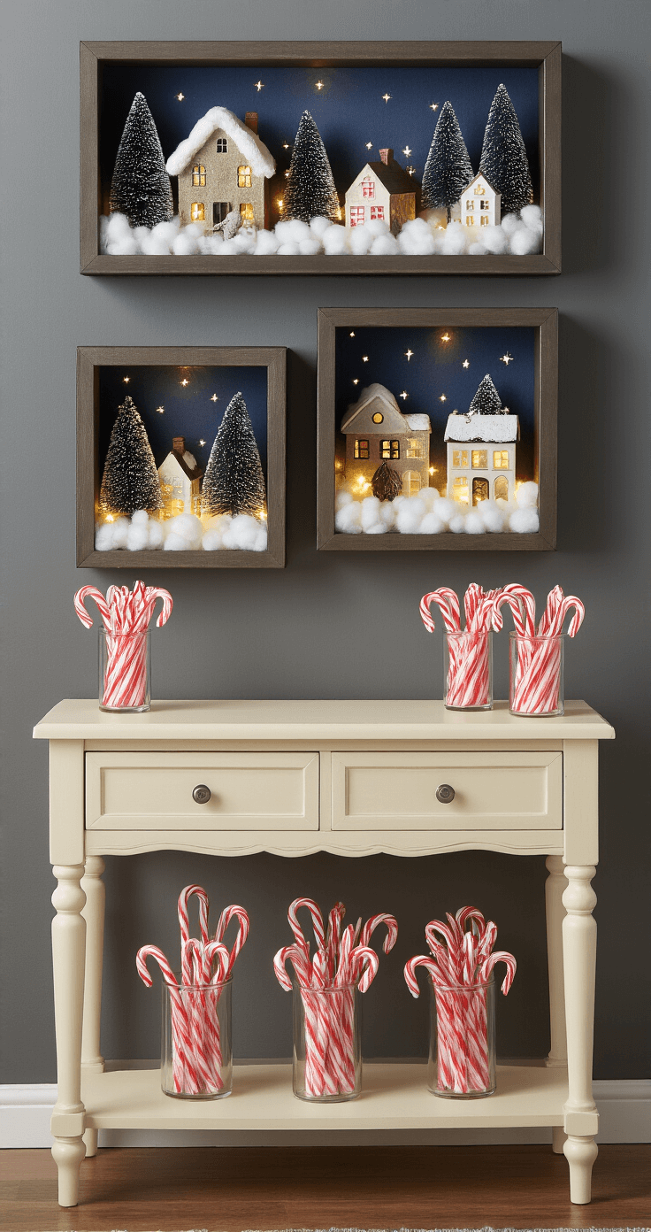 Cozy living room corner showcasing a Dollar Tree Christmas village shadow box display with warm ambient lighting, featuring three different sized shadow boxes on a charcoal gray wall, a cream console table adorned with candy cane vases, and a burgundy velvet armchair, all creating an intimate and nostalgic holiday atmosphere.