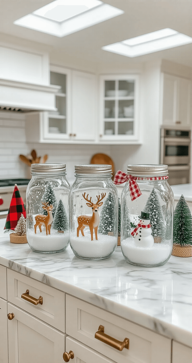 A bright kitchen island scene featuring Dollar Tree mason jar snow globes with holiday figurines, arranged on a marble countertop. The jars, tied with various ribbons, are filled with glycerin and artificial snow, set against a backdrop of white shaker cabinets and stainless steel appliances. A small potted rosemary plant adds greenery, while two bar stools with woven seats complement the contemporary farmhouse aesthetic.