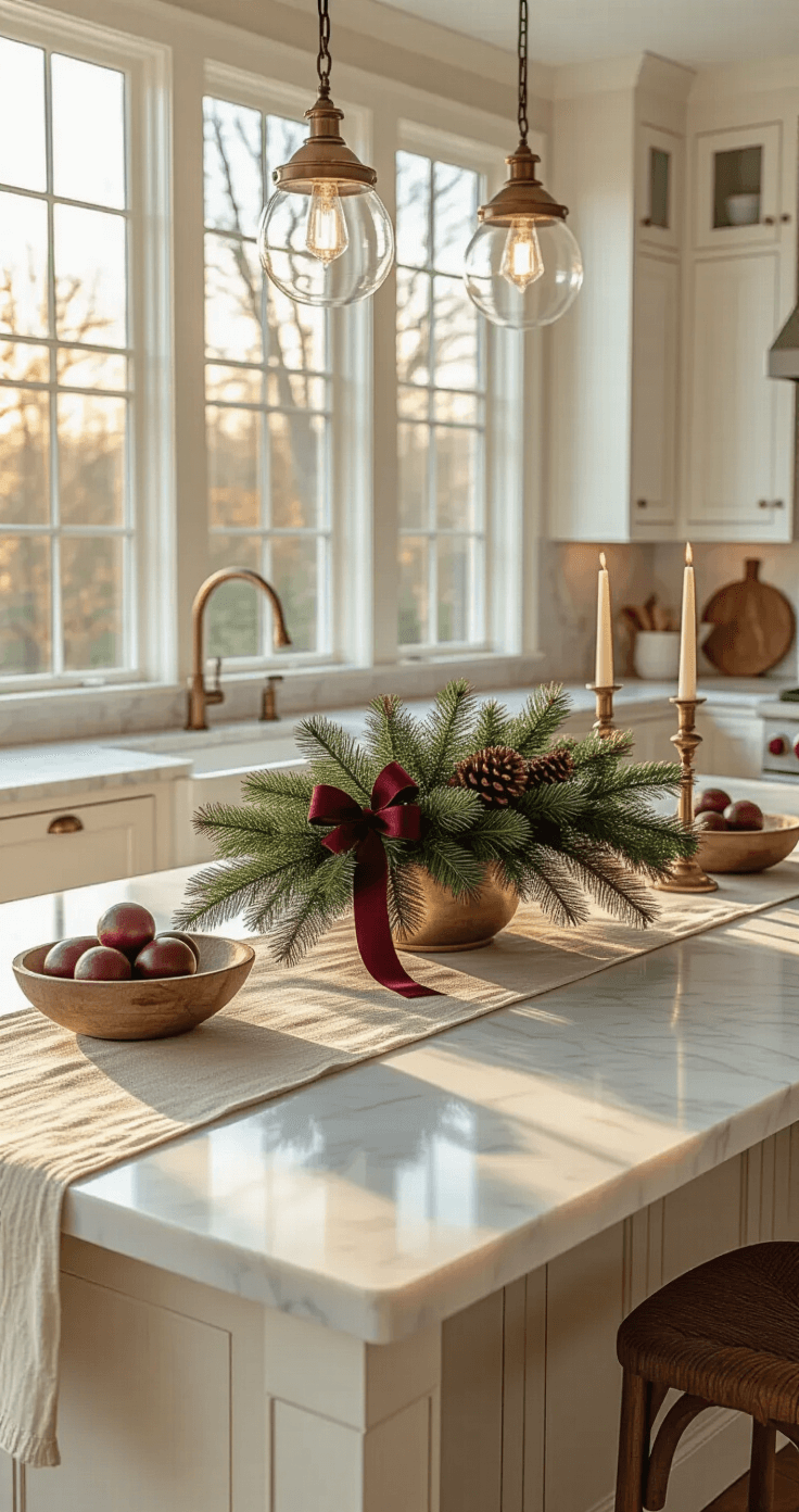 Transform Your Kitchen Into a Christmas Wonderland: 7 Festive Decor Ideas That'll Make Gordon Ramsay Jealous A photorealistic kitchen scene featuring a marble-topped island adorned with an evergreen centerpiece and burgundy ribbon, accented by brass candlesticks and a wooden bowl of clove-studded oranges. Warm natural light fills the spacious kitchen with shaker-style white cabinets, while a cream linen table runner adds softness, and pendant lights create inviting pools of light. The color palette includes deep forest greens, warm burgundy, cream whites, and golden brass accents. Shot from a 45-degree angle at counter height.