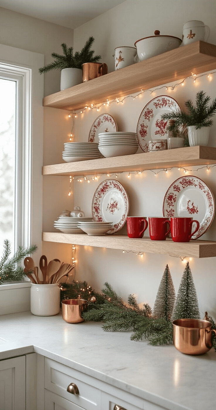 Transform Your Kitchen Into a Christmas Wonderland: 7 Festive Decor Ideas That'll Make Gordon Ramsay Jealous Interior shot of a festive kitchen with white oak floating shelves, featuring vintage red transferware, brass accents, and holiday decorations illuminated by soft afternoon light and LED strips, with fairy lights and fresh rosemary sprigs adding texture.