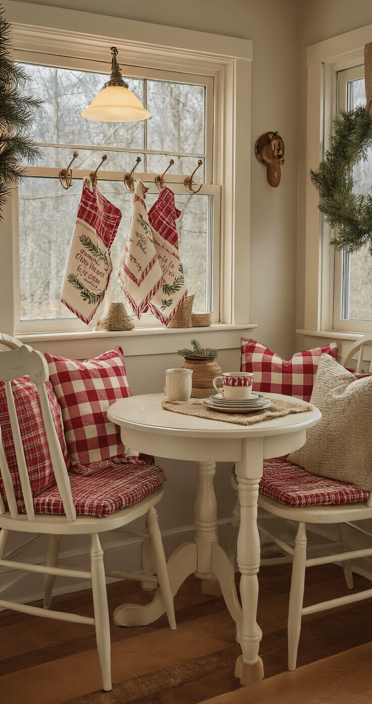 Transform Your Kitchen Into a Christmas Wonderland: 7 Festive Decor Ideas That'll Make Gordon Ramsay Jealous Cozy kitchen corner vignette during blue hour, featuring farmhouse-style nook with red and cream buffalo check cushions, vintage Christmas tea towels on brass hooks, a small round table with a ceramic mug and plate stack, and an evergreen swag window decoration, all illuminated by warm interior lighting and candle glow.