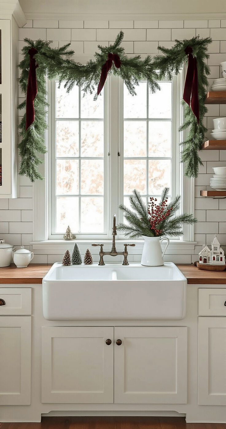 Transform Your Kitchen Into a Christmas Wonderland: 7 Festive Decor Ideas That'll Make Gordon Ramsay Jealous A cozy kitchen window displaying a festive Christmas scene, featuring a farmhouse sink adorned with evergreen branches in a vintage pitcher, pine garland with burgundy ribbon and brass bells, and a backdrop of white subway tiles and Christmas villages on open shelves.