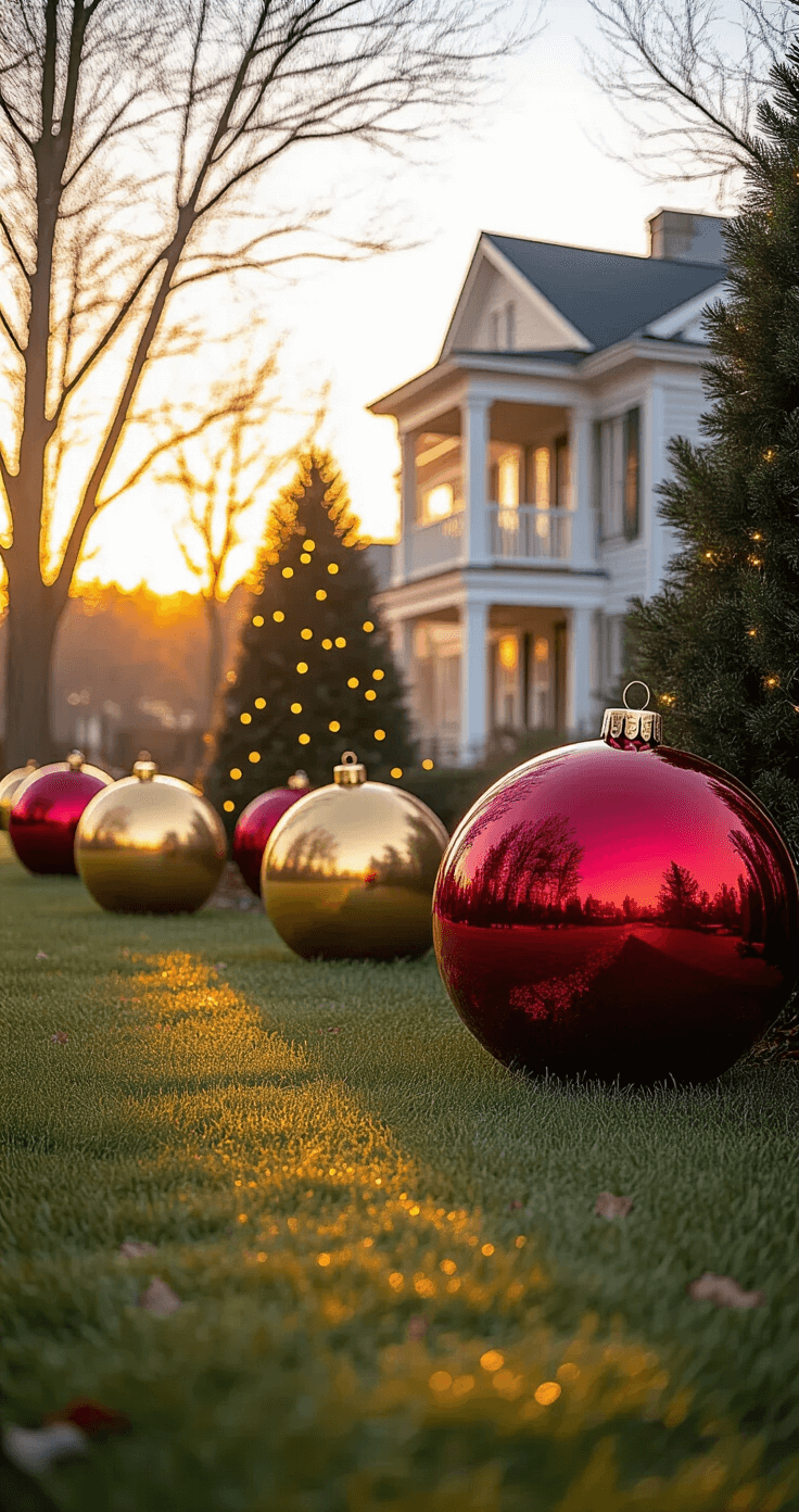 DIY Christmas Decor Ideas That'll Make Your Neighbors Actually Jealous (Without Breaking the Bank) Photorealistic scene of a suburban front yard at golden hour, featuring large metallic gold and deep crimson spherical DIY Christmas ornaments with velvet ribbon caps, warm LED string lights, surrounded by mature evergreen trees and a traditional two-story home in the background, creating a magical holiday atmosphere.
