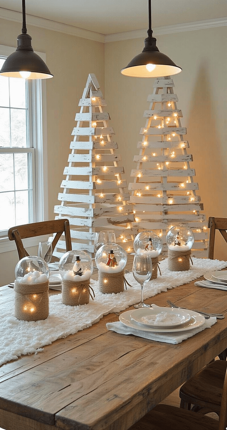 DIY Christmas Decor Ideas That'll Make Your Neighbors Actually Jealous (Without Breaking the Bank) Intimate dining room featuring rustic pallet Christmas trees adorned with fairy lights, a farmhouse table with wine glass snow globes, and mason jar centerpieces, all set in a cozy, elegantly styled space with warm lighting.