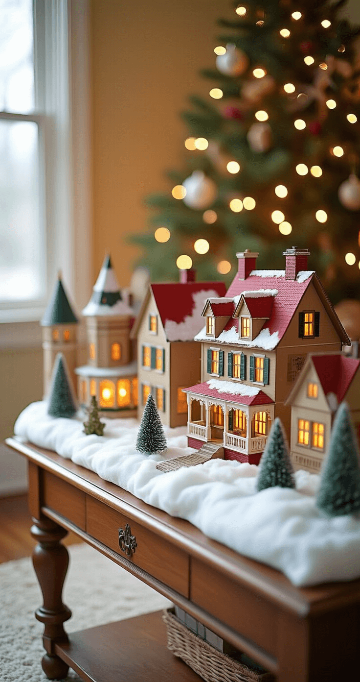 DIY Christmas Decor Ideas That'll Make Your Neighbors Actually Jealous (Without Breaking the Bank) Cozy living room corner featuring a detailed cardboard Christmas village display on a console table, surrounded by white fabric snow and cotton batting. The low-angle shot captures colorful Victorian buildings with glowing LED windows, complemented by a partially visible Christmas tree adorned with warm white lights. The scene exudes a whimsical holiday atmosphere with traditional red, green, white, and golden accents.