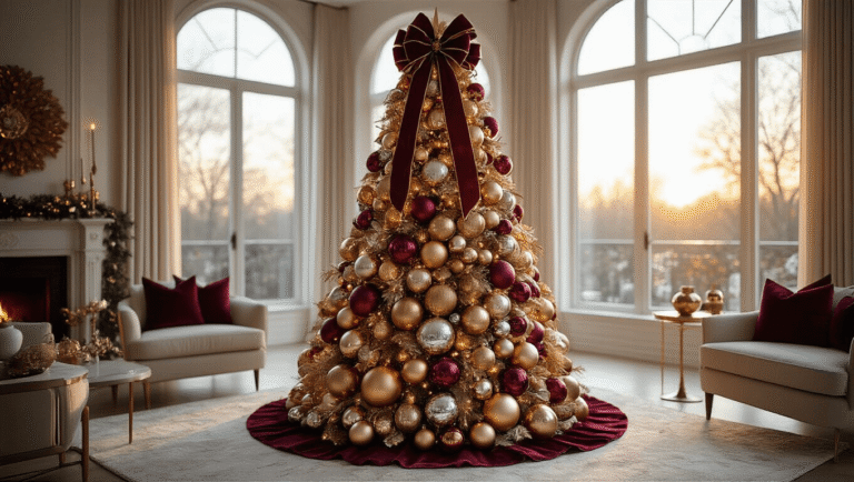 A stunning 2025 Christmas tree with metallic decorations in a luxurious living room, featuring warm golden hour lighting, a burgundy velvet bow, and elegant furniture against rich emerald walls.