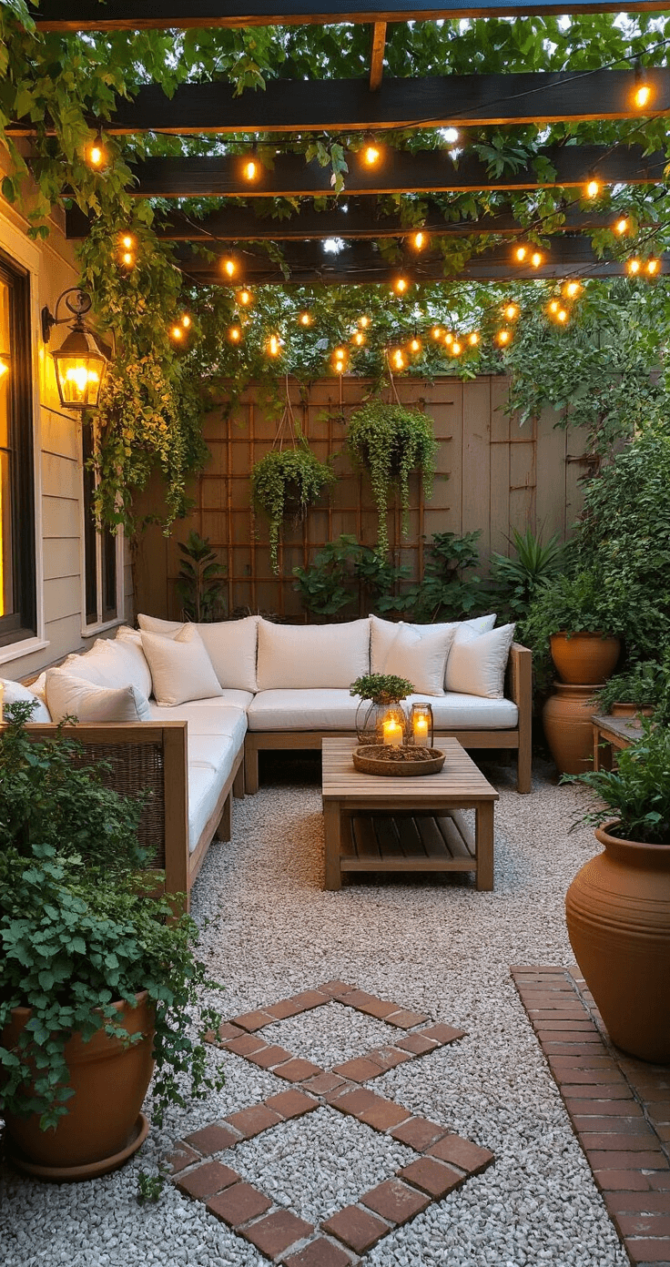 A low-angle view of a cozy 15x20ft patio during golden hour, featuring a weathered teak sectional sofa with white cushions, string lights overhead, and mature potted plants. Terra cotta pots with cascading ivy and succulents are nestled in corners, complemented by vintage brass lanterns with flameless candles. The gravel flooring showcases a geometric pattern bordered by reclaimed brick, while warm light filters through climbing jasmine on a DIY copper pipe trellis, in a color palette of sage green, teak, brass, and ivory.